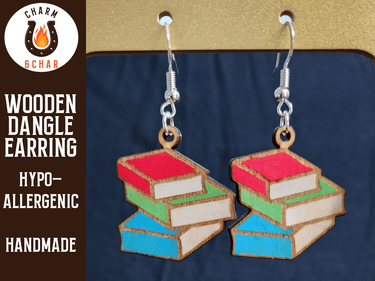 Stack of Books Wood Dangle Earrings - Back to School Fashion Earring - Dangle Earring - Charm and Char